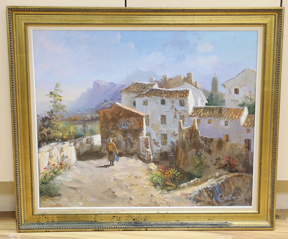 Manuel Cuberos (1933-), oil on canvas, Spanish hillside village, signed, 59 x 72cm